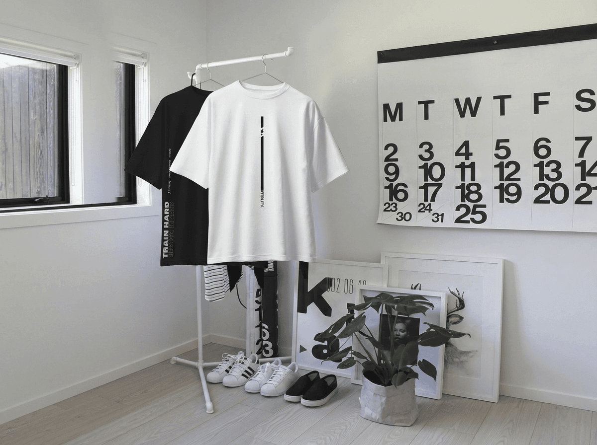 Black and white FitalityWear tees on a rack in a sunlit room